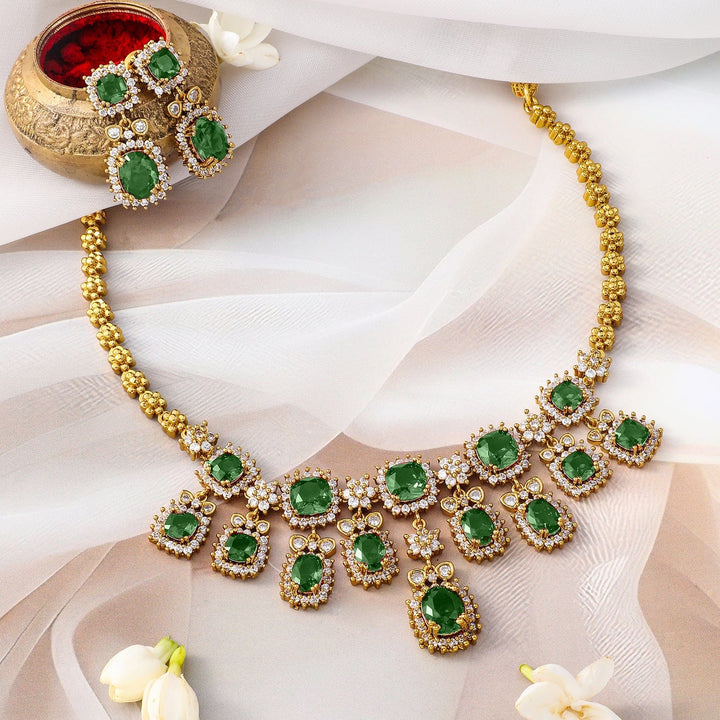 Rubans 22K Gold-Plated Emerald Green Stone & Sparkling Cubic Zirconia Studded Necklace Set Jewellery Set