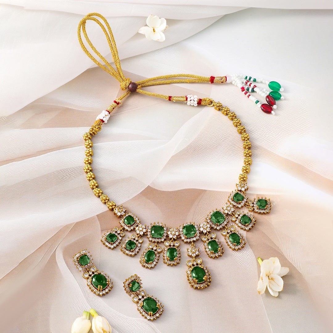 Rubans 22K Gold-Plated Emerald Green Stone & Sparkling Cubic Zirconia Studded Necklace Set Jewellery Set