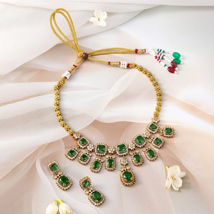 Rubans 22K Gold-Plated Emerald Green Stone & Sparkling Cubic Zirconia Studded Necklace Set Jewellery Set