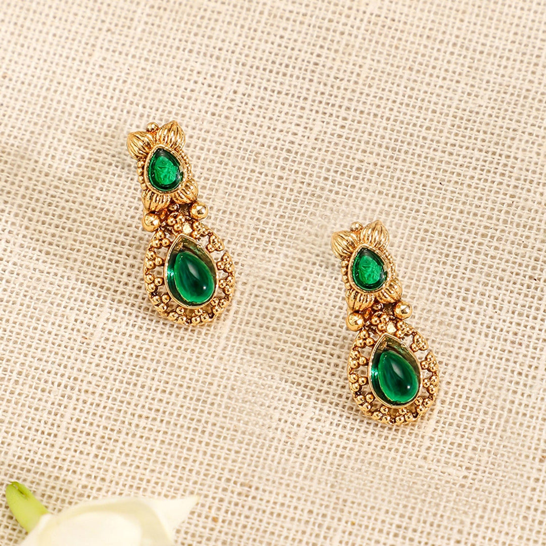 Rubans 22K Gold-Plated Emerald Green Stone Studded Antique Handcrafted Necklace Set Necklace Set