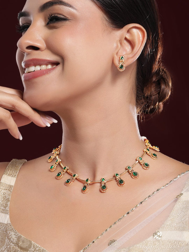 Rubans 22K Gold-Plated Emerald Green Stone Studded Antique Handcrafted Necklace Set Necklace Set