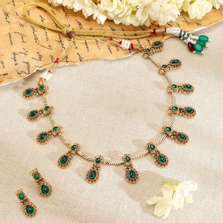 Rubans 22K Gold-Plated Emerald Green Stone Studded Antique Handcrafted Necklace Set Necklace Set