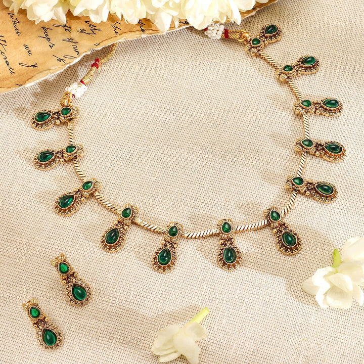 Rubans 22K Gold-Plated Emerald Green Stone Studded Antique Handcrafted Necklace Set Necklace Set