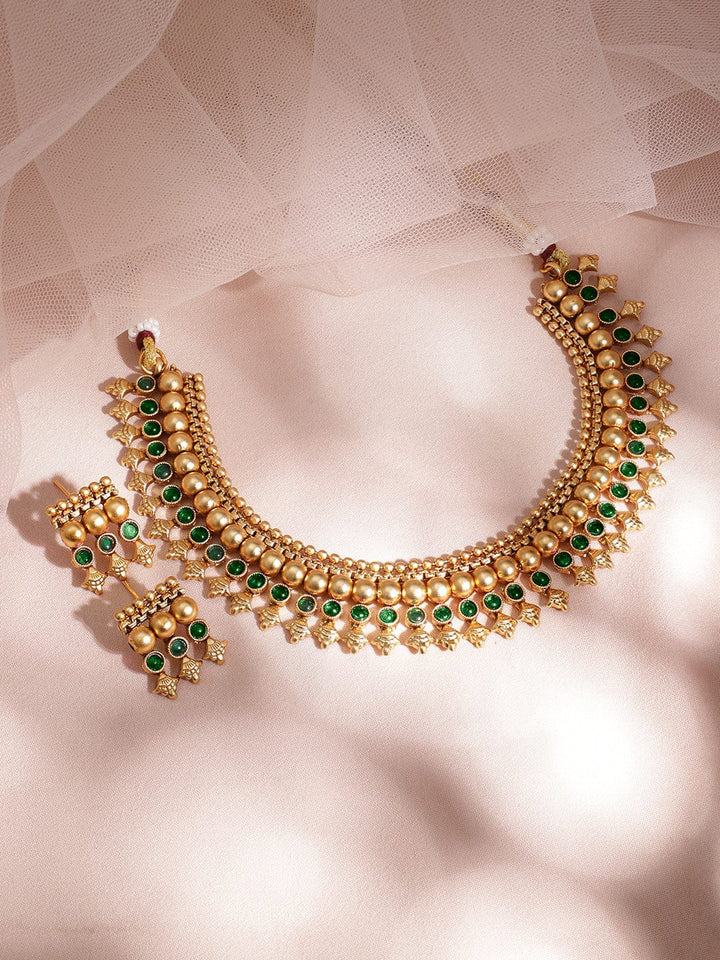 Rubans 22K Gold-Plated Emerald Green Stone Studded Golden Beaded Traditional Necklace Set Necklace Set