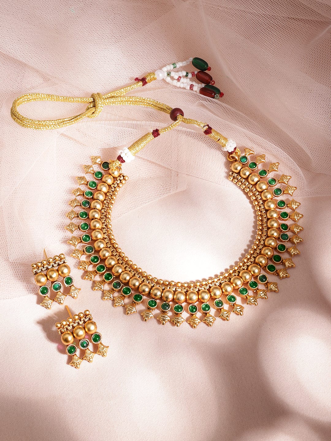 Rubans 22K Gold-Plated Emerald Green Stone Studded Golden Beaded Traditional Necklace Set Necklace Set