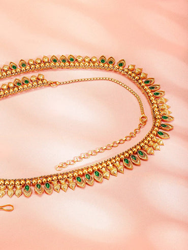 Rubans 22K Gold-Plated Emerald Green Stone Studded Handcrafted Traditional Kamarbandh Saree Accessories