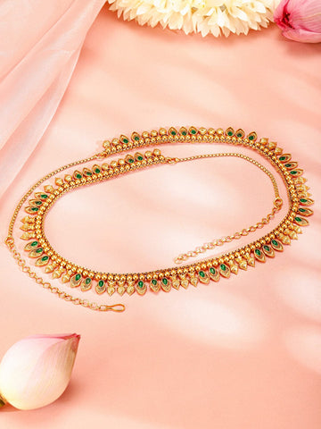 Rubans 22K Gold-Plated Emerald Green Stone Studded Handcrafted Traditional Kamarbandh Saree Accessories