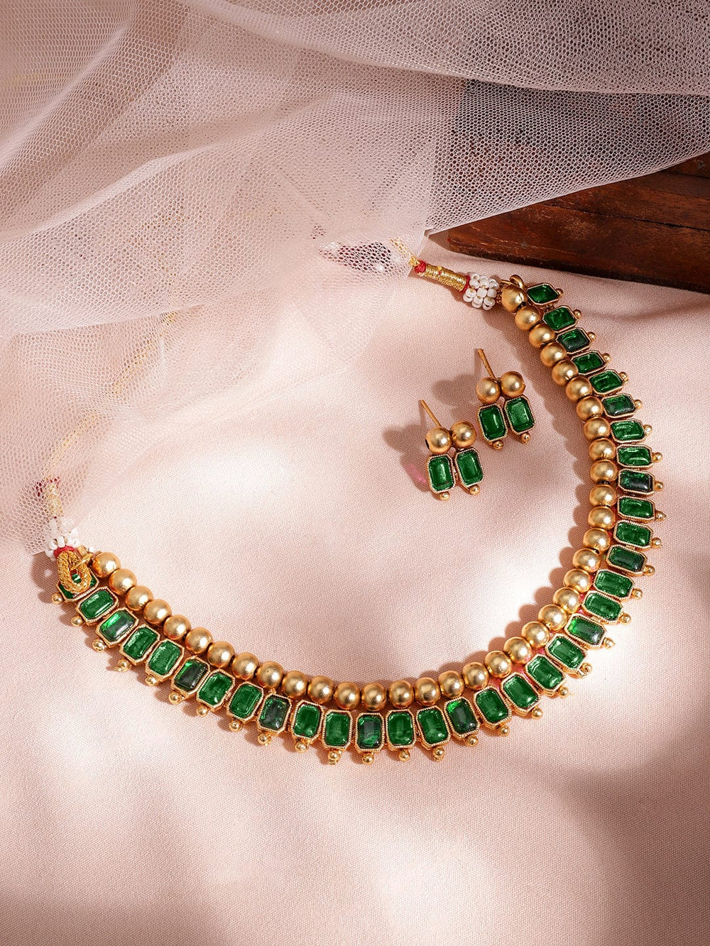 Rubans 22K Gold-Plated Emerald Green Stone Studded Traditional Necklace Set Necklace Set