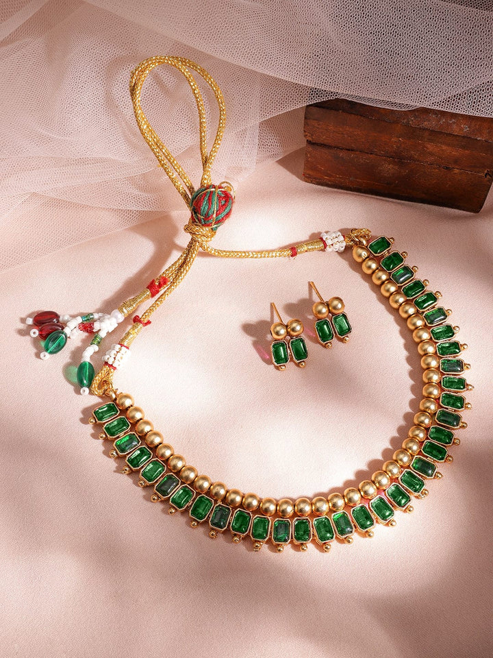 Rubans 22K Gold-Plated Emerald Green Stone Studded Traditional Necklace Set Necklace Set