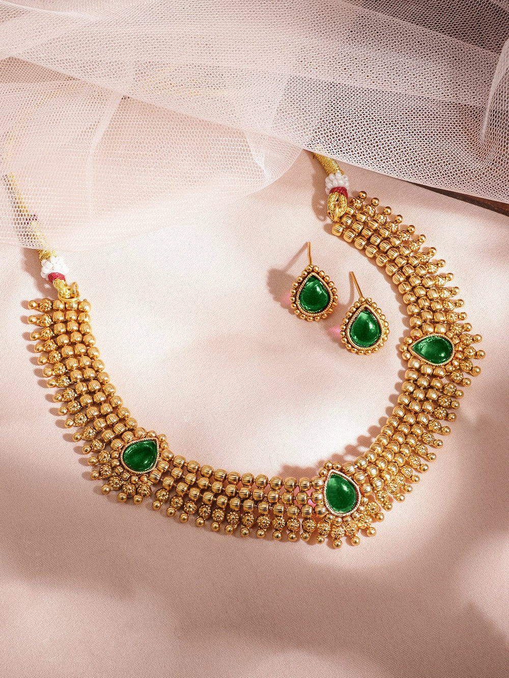 Rubans 22K Gold-Plated Emerald Green Stone Studded Traditional Temple Jewelry Set Necklace Set