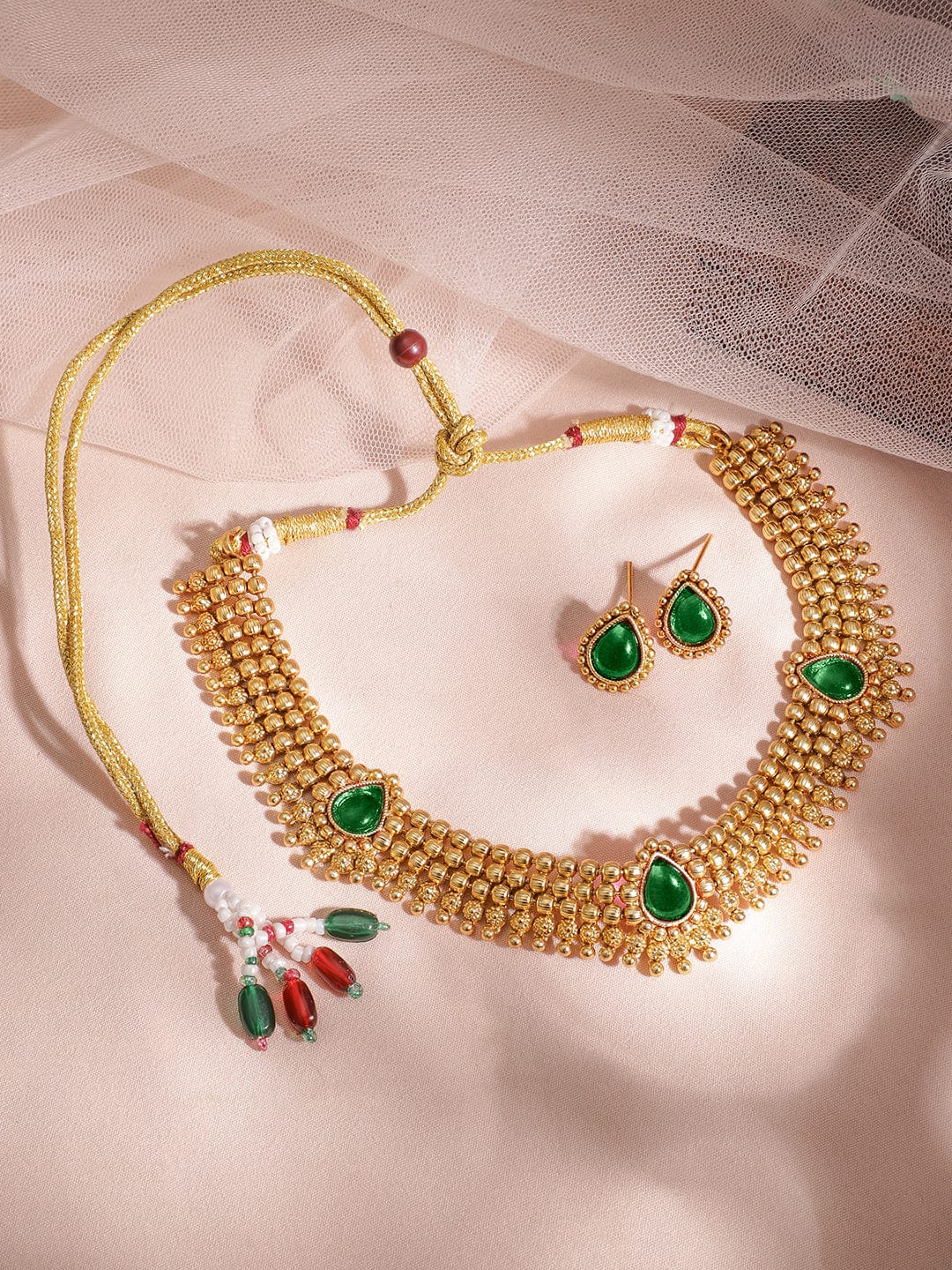 Rubans 22K Gold-Plated Emerald Green Stone Studded Traditional Temple Jewelry Set Necklace Set