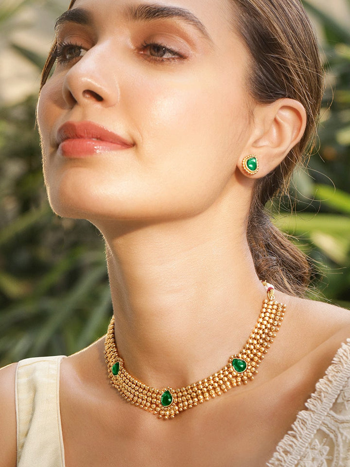 Rubans 22K Gold-Plated Emerald Green Stone Studded Traditional Temple Jewelry Set Necklace Set