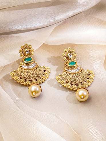 Rubans 22K Gold-Plated Emerald Green Stone Studded Traditional Temple Long Necklace Set for Women Jewellery Set