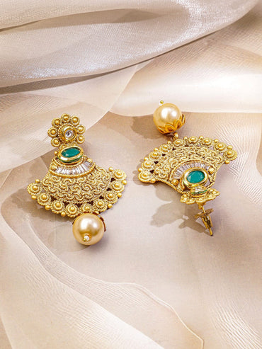 Rubans 22K Gold-Plated Emerald Green Stone Studded Traditional Temple Long Necklace Set for Women Jewellery Set