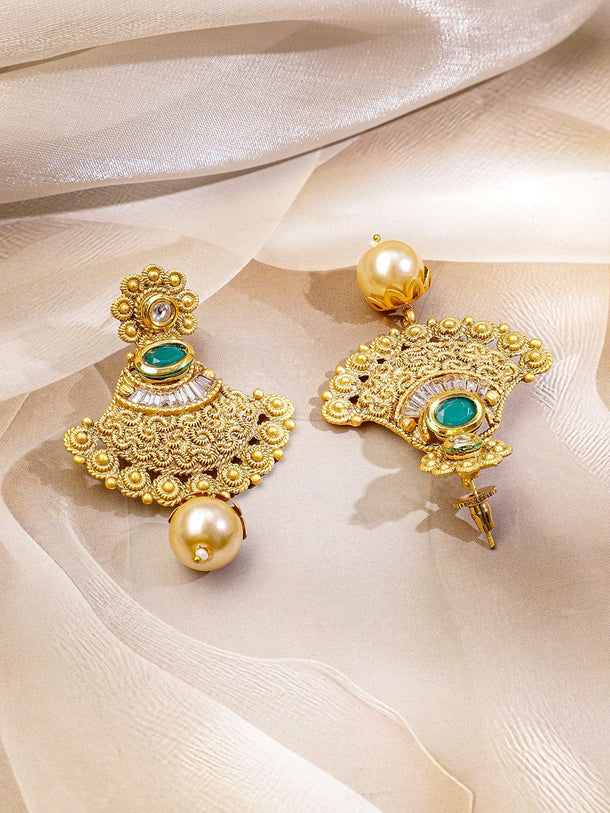 Rubans 22K Gold-Plated Emerald Green Stone Studded Traditional Temple Long Necklace Set for Women Jewellery Set