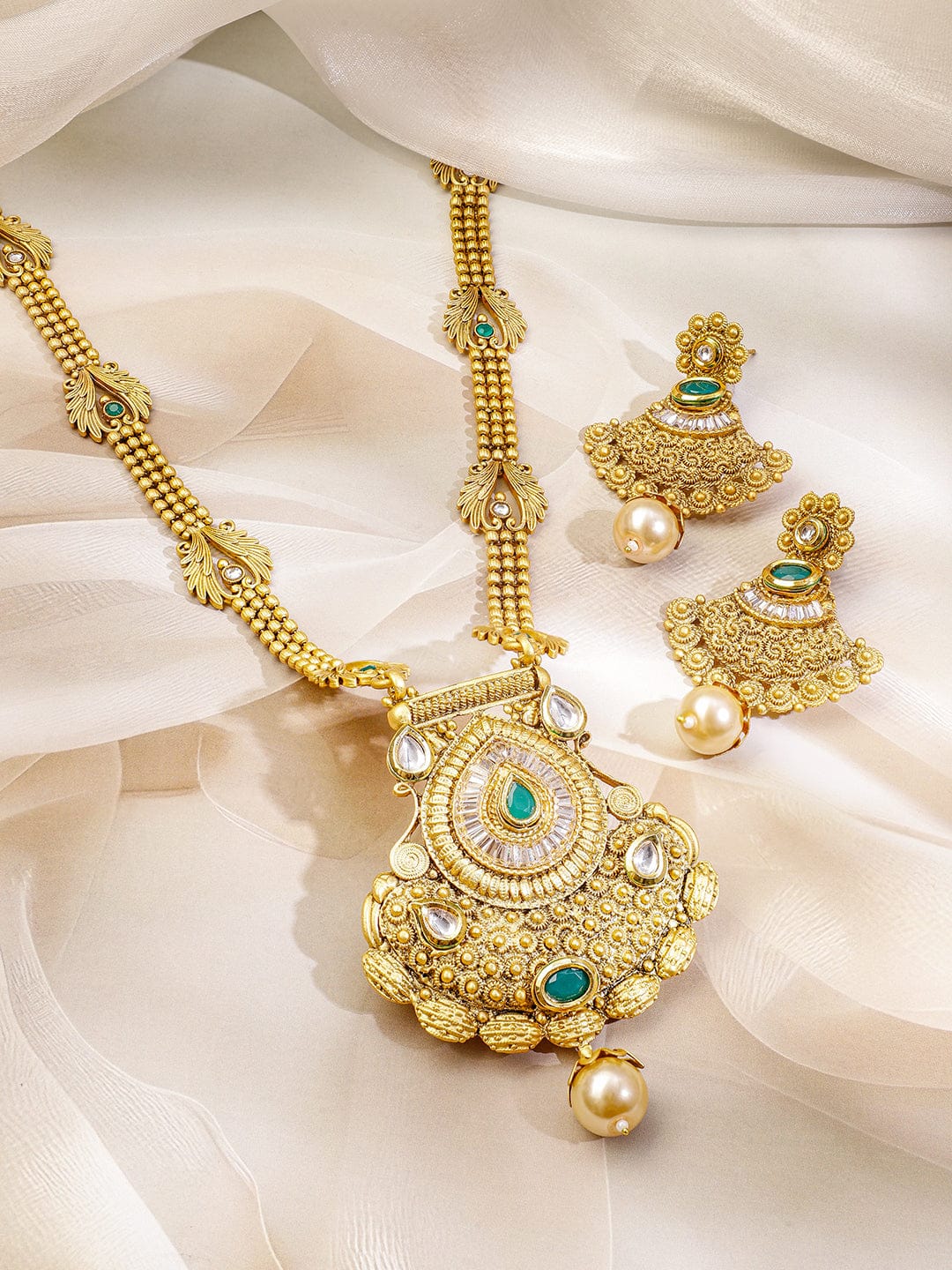 Rubans 22K Gold-Plated Emerald Green Stone Studded Traditional Temple Long Necklace Set for Women Jewellery Set