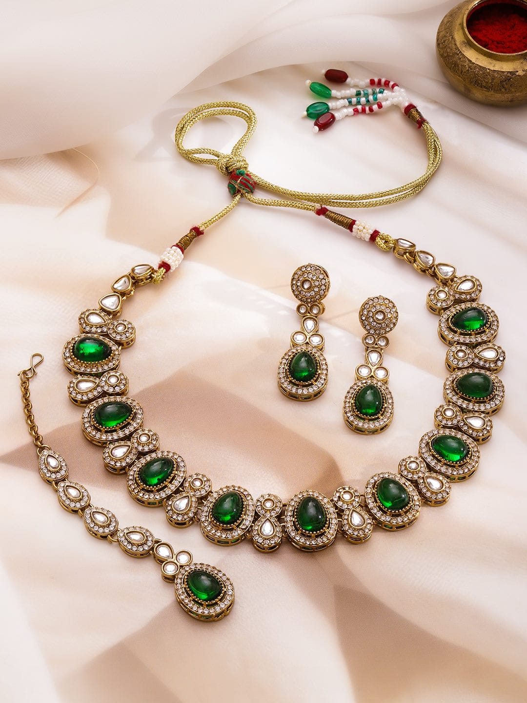 Rubans 22K Gold-Plated Emerald Green Stone, White Kundan & Cubic Zirconia Jewellery Set Jewellery Set