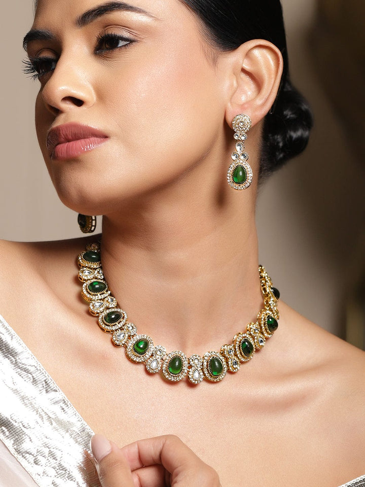Rubans 22K Gold-Plated Emerald Green Stone, White Kundan & Cubic Zirconia Jewellery Set Jewellery Set