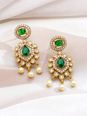 Rubans 22K Gold-Plated Emerald Green Stone with Cubic Zirconia & Pearl Beaded Necklace Set Jewellery Set