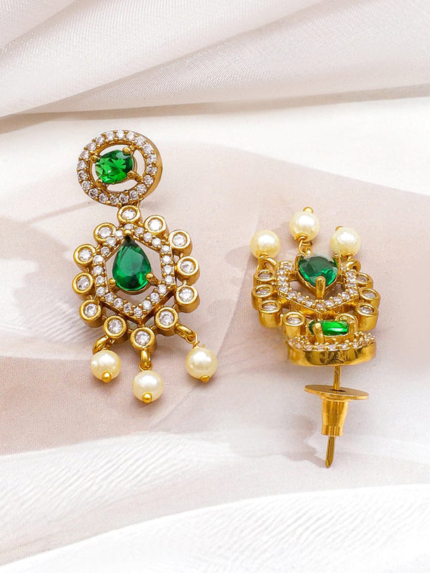 Rubans 22K Gold-Plated Emerald Green Stone with Cubic Zirconia & Pearl Beaded Necklace Set Jewellery Set