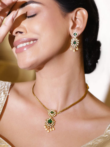 Rubans 22K Gold-Plated Emerald Green Stone with Cubic Zirconia & Pearl Beaded Necklace Set Jewellery Set