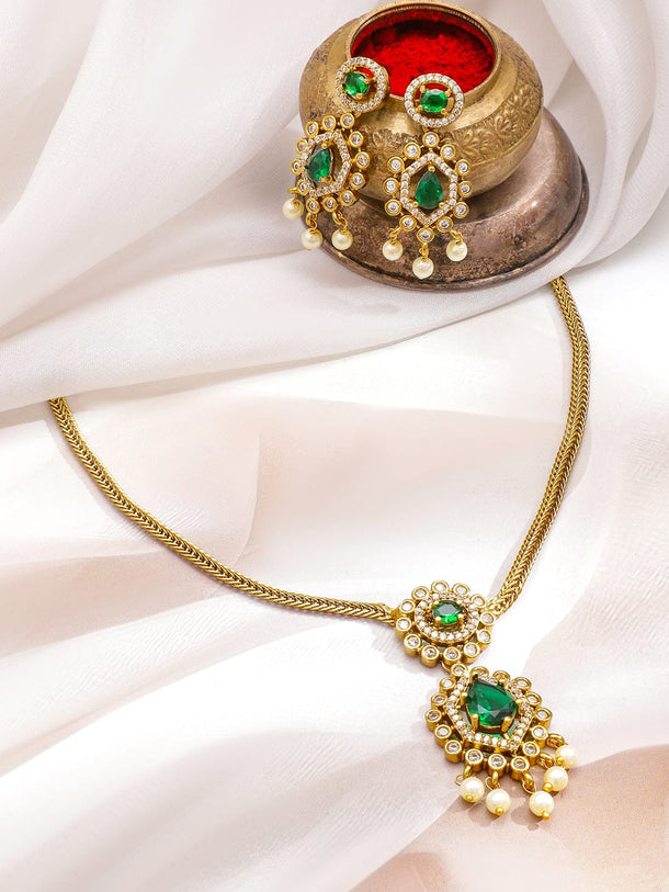 Rubans 22K Gold-Plated Emerald Green Stone with Cubic Zirconia & Pearl Beaded Necklace Set Jewellery Set