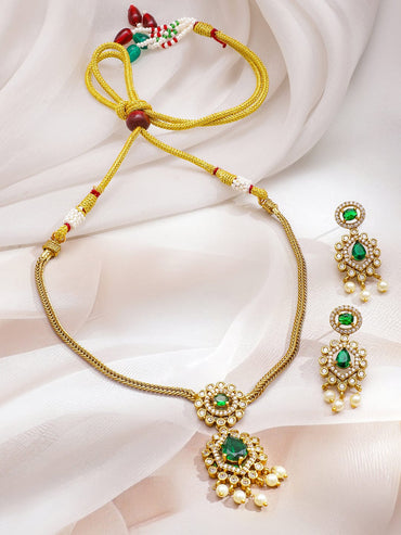 Rubans 22K Gold-Plated Emerald Green Stone with Cubic Zirconia & Pearl Beaded Necklace Set Jewellery Set
