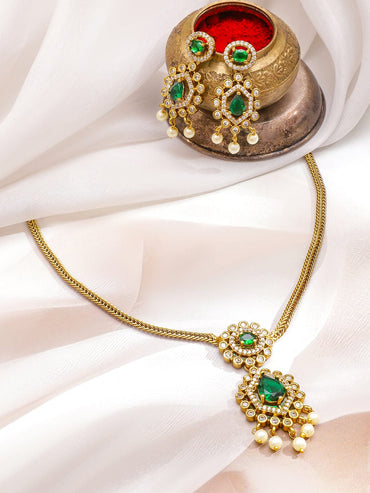 Rubans 22K Gold-Plated Emerald Green Stone with Cubic Zirconia & Pearl Beaded Necklace Set Necklace Set