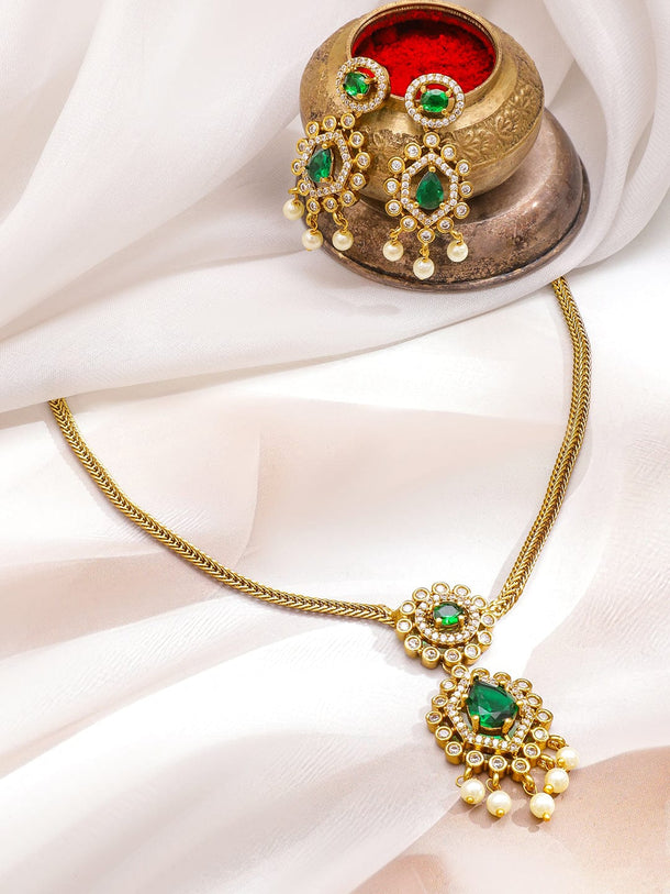 Rubans 22K Gold-Plated Emerald Green Stone with Cubic Zirconia & Pearl Beaded Necklace Set Necklace Set