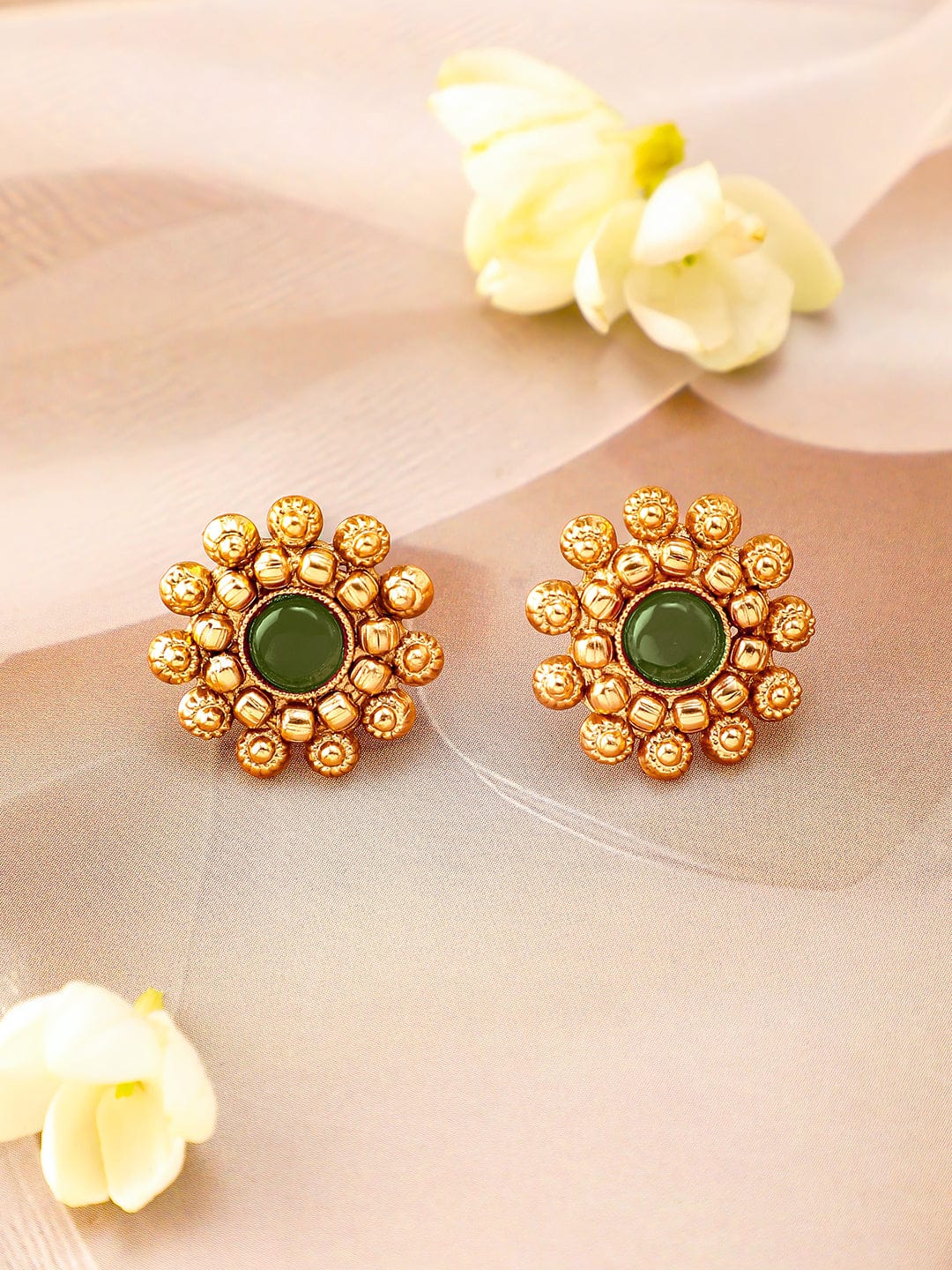 Rubans 22K Gold-Plated Emerald Green Studded Traditional Choker Necklace Set with Gold Beads Jewellery Set