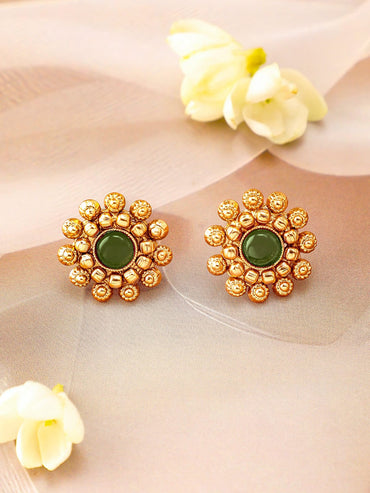 Rubans 22K Gold-Plated Emerald Green Studded Traditional Choker Necklace Set with Gold Beads Jewellery Set