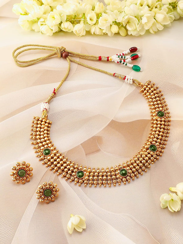 Rubans 22K Gold-Plated Emerald Green Studded Traditional Choker Necklace Set with Gold Beads Jewellery Set