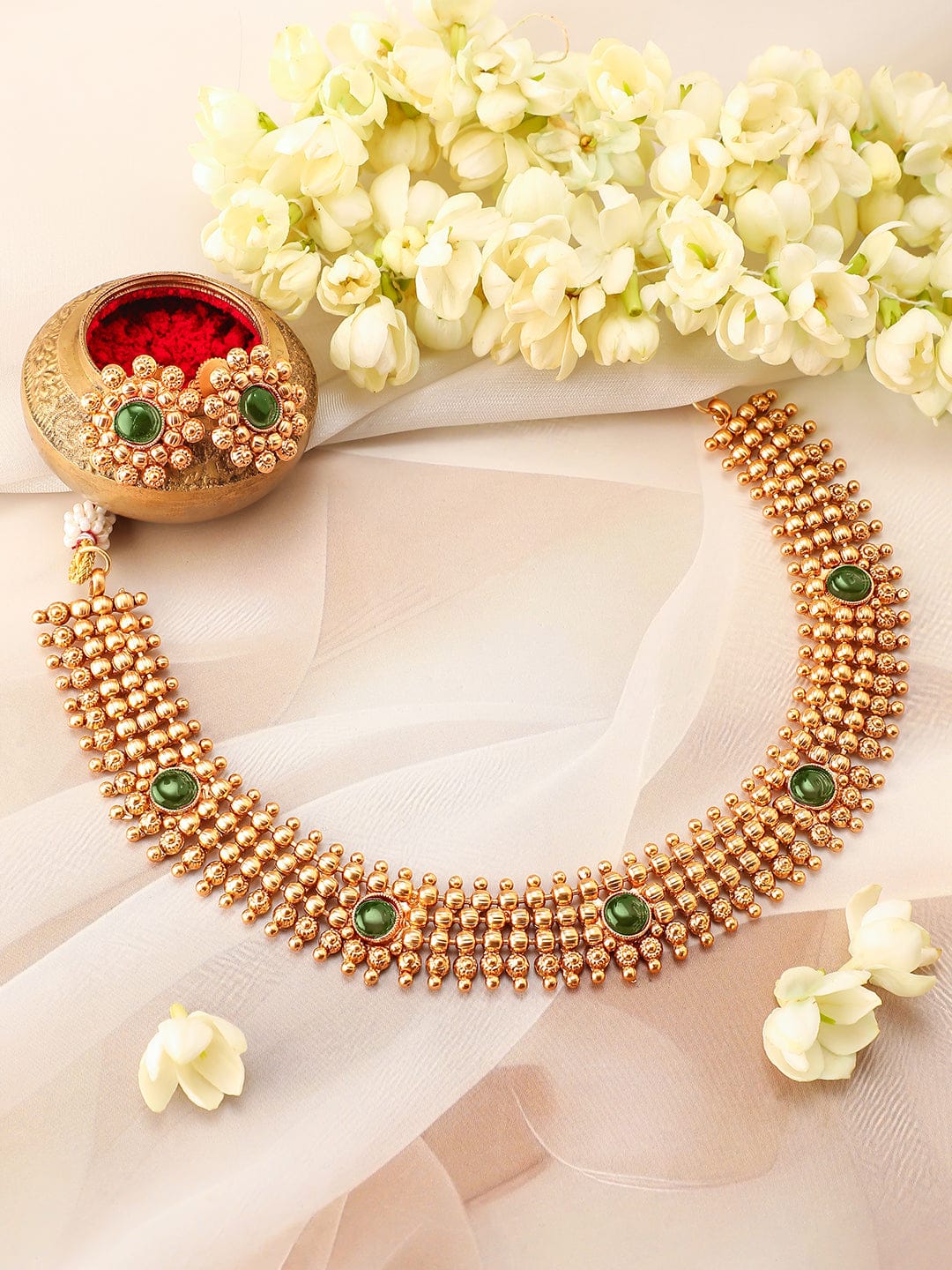 Rubans 22K Gold-Plated Emerald Green Studded Traditional Choker Necklace Set with Gold Beads Jewellery Set