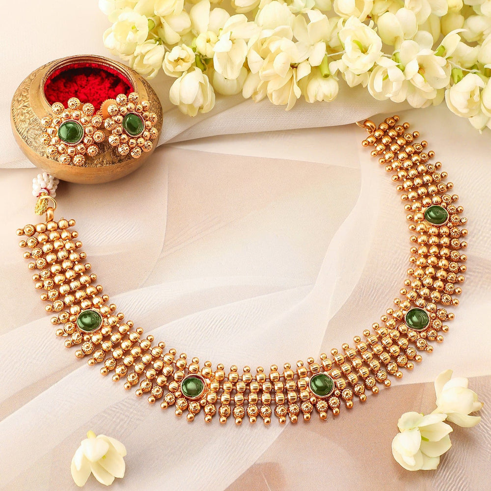 Rubans 22K Gold-Plated Emerald Green Studded Traditional Choker Necklace Set with Gold Beads Necklace Set