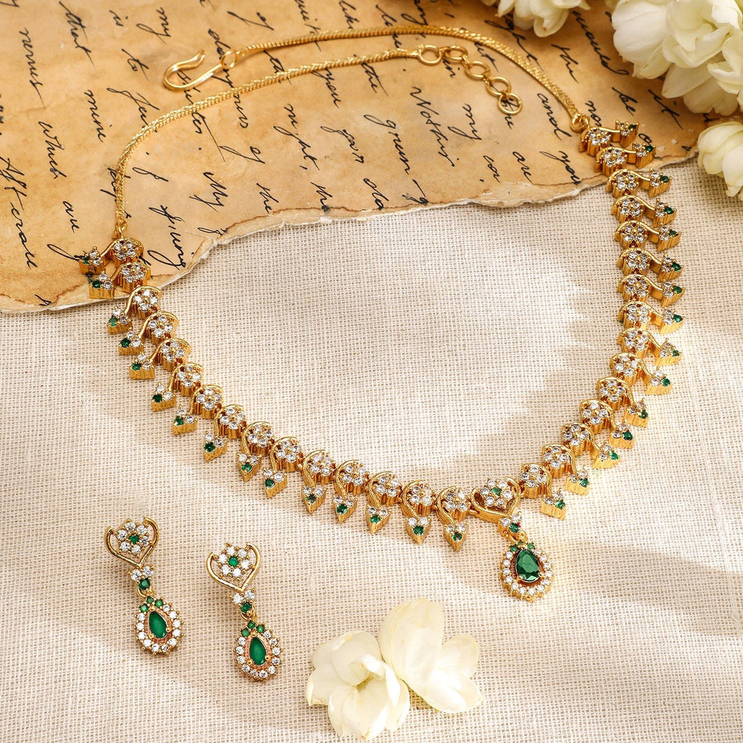 Rubans 22K Gold-Plated Emerald Green & White Cubic Zirconia Necklace Set with Drop Earring Necklace Set