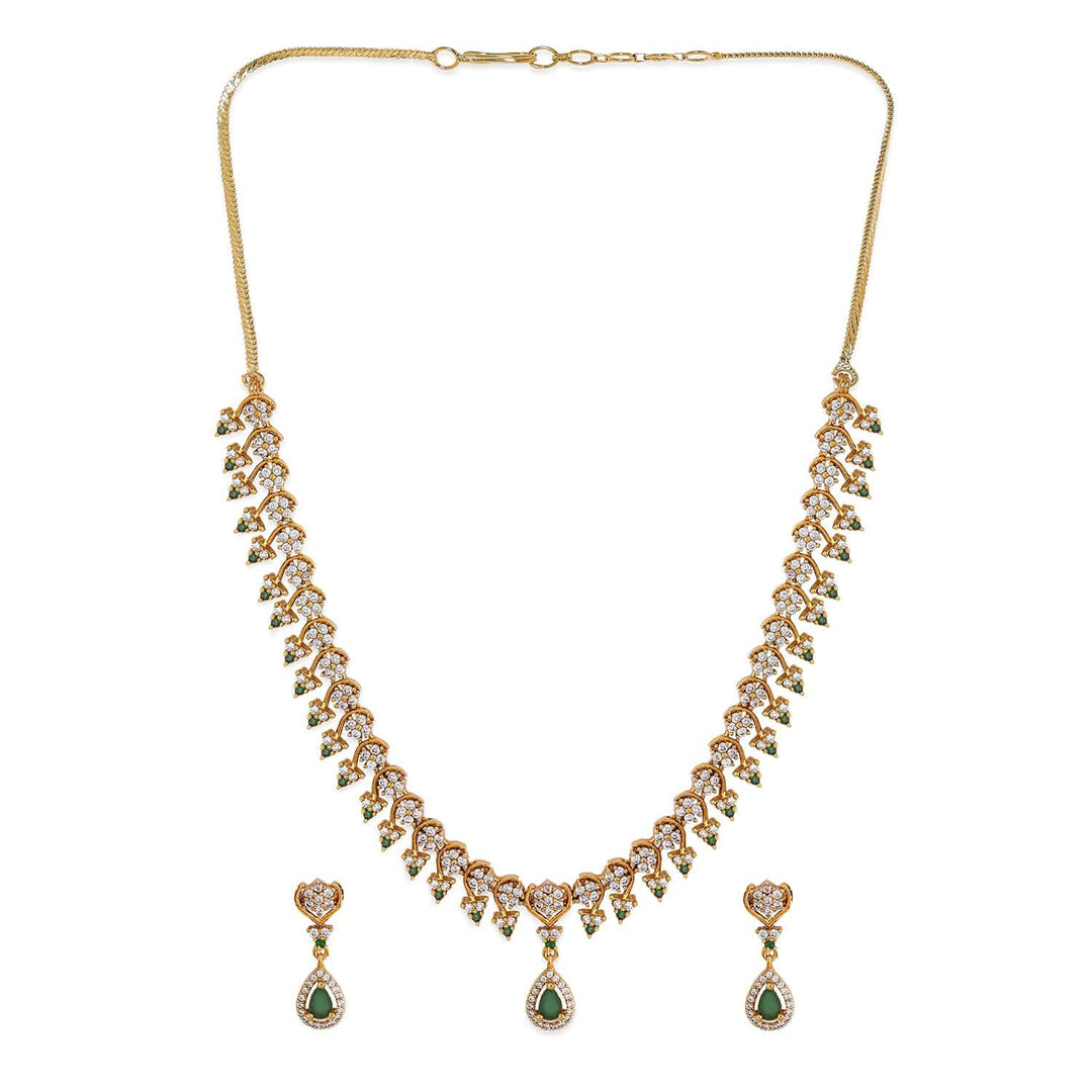 Rubans 22K Gold-Plated Emerald Green & White Cubic Zirconia Necklace Set with Drop Earring Necklace Set