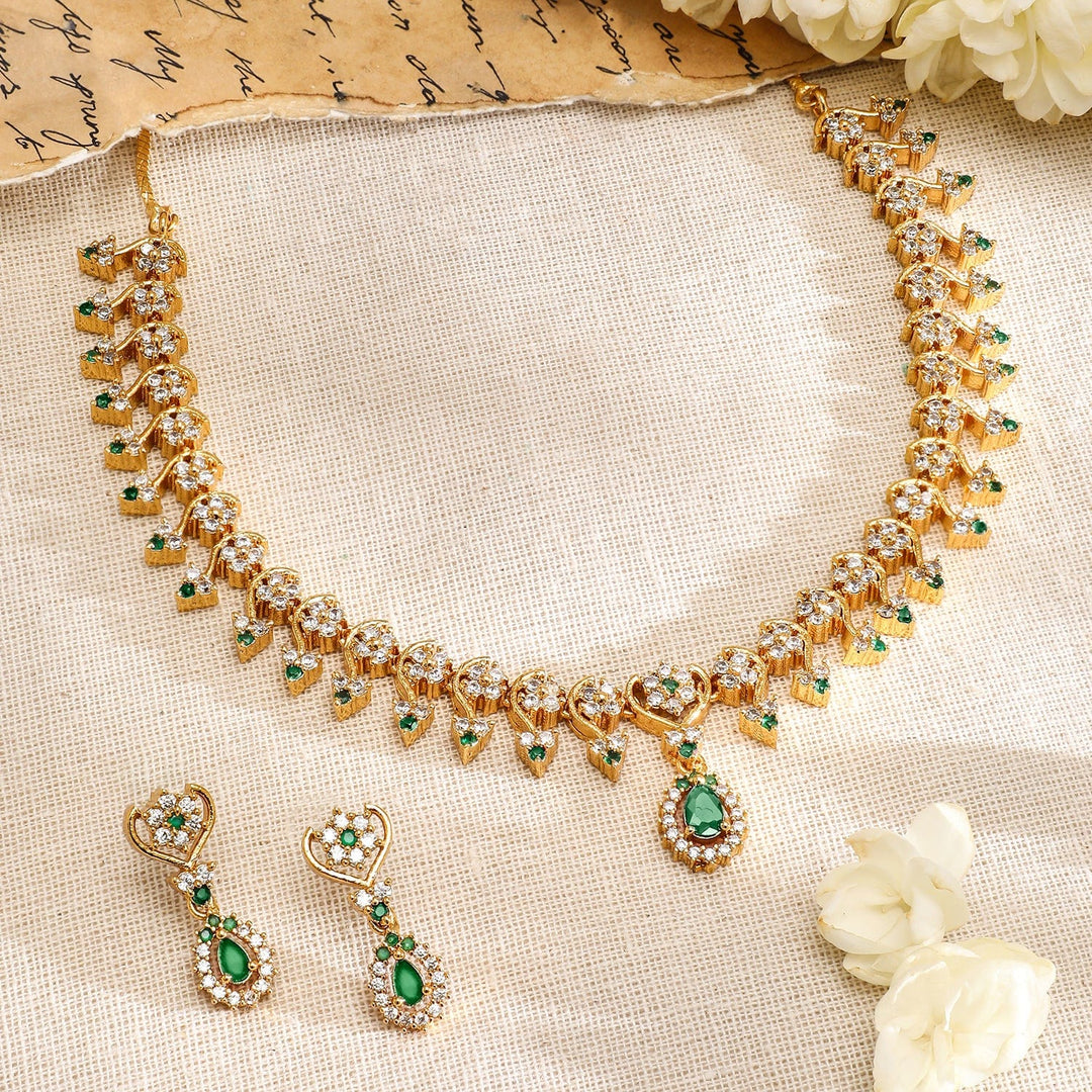 Rubans 22K Gold-Plated Emerald Green & White Cubic Zirconia Necklace Set with Drop Earring Necklace Set