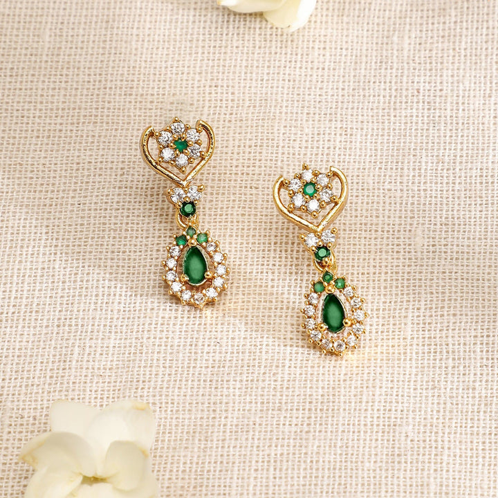 Rubans 22K Gold-Plated Emerald Green & White Cubic Zirconia Necklace Set with Drop Earring Necklace Set