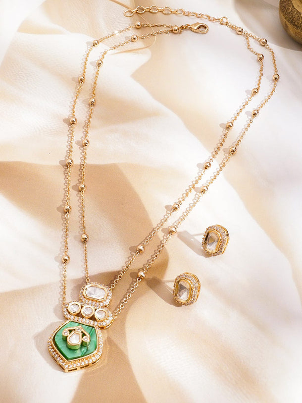 Rubans 22K Gold-Plated Emerald Green & White Cubic Zirconia Studded Dual-Layer Pendant Necklace Set Jewellery Set