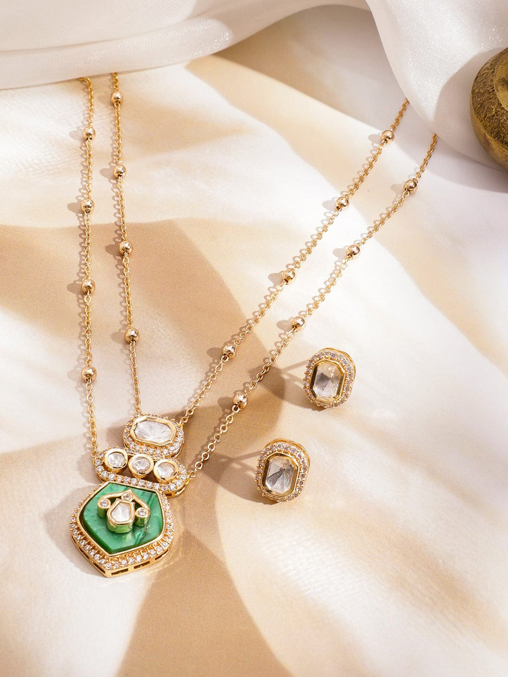 Rubans 22K Gold-Plated Emerald Green & White Cubic Zirconia Studded Dual-Layer Pendant Necklace Set Jewellery Set