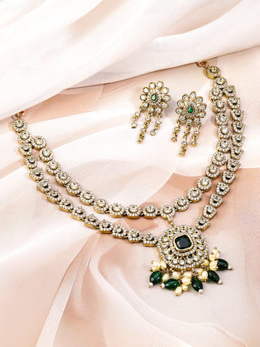 Rubans 22K Gold-Plated Emerald Green & White Cubic Zirconia Studded Dual-Layered Necklace Set for Women Jewellery Set