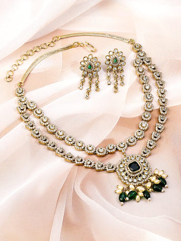 Rubans 22K Gold-Plated Emerald Green & White Cubic Zirconia Studded Dual-Layered Necklace Set for Women Jewellery Set