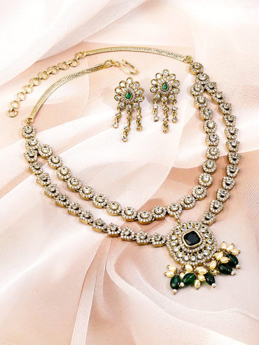 Rubans 22K Gold-Plated Emerald Green & White Cubic Zirconia Studded Dual-Layered Necklace Set for Women Jewellery Set