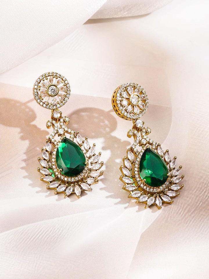 Rubans 22K Gold-Plated Emerald Green & White Cubic Zirconia Studded Floral Motif Necklace Set for Women Jewellery Set