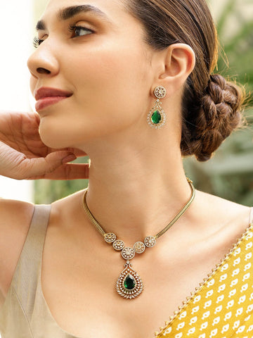 Rubans 22K Gold-Plated Emerald Green & White Cubic Zirconia Studded Floral Motif Necklace Set for Women Jewellery Set
