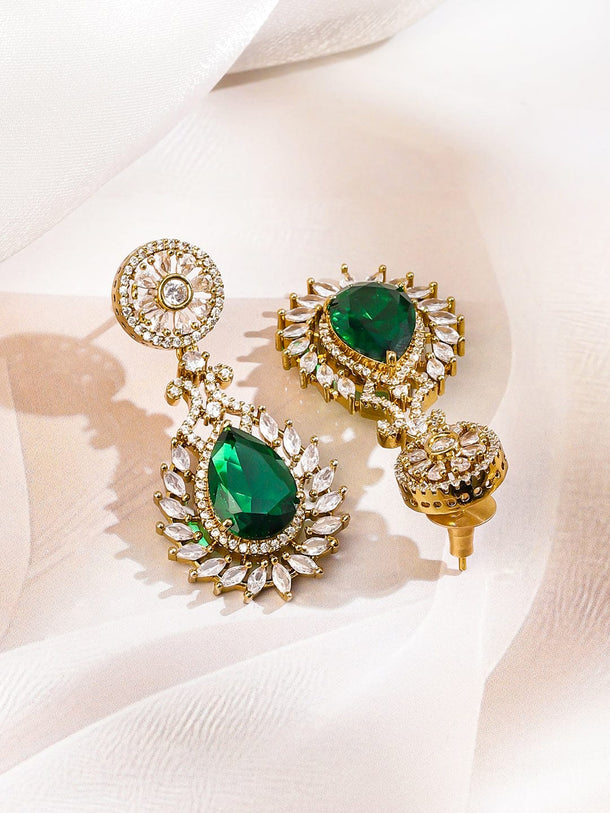 Rubans 22K Gold-Plated Emerald Green & White Cubic Zirconia Studded Floral Motif Necklace Set for Women Jewellery Set