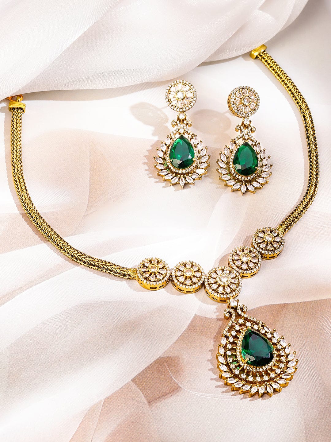 Rubans 22K Gold-Plated Emerald Green & White Cubic Zirconia Studded Floral Motif Necklace Set for Women Jewellery Set
