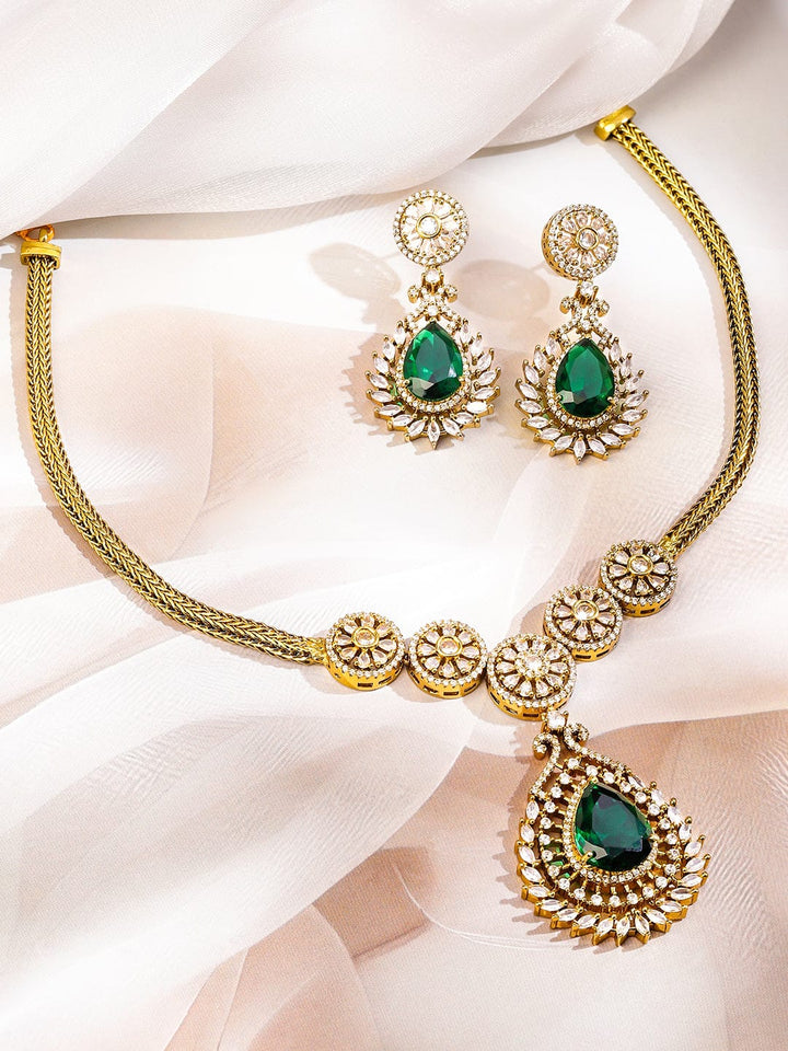 Rubans 22K Gold-Plated Emerald Green & White Cubic Zirconia Studded Floral Motif Necklace Set for Women Jewellery Set