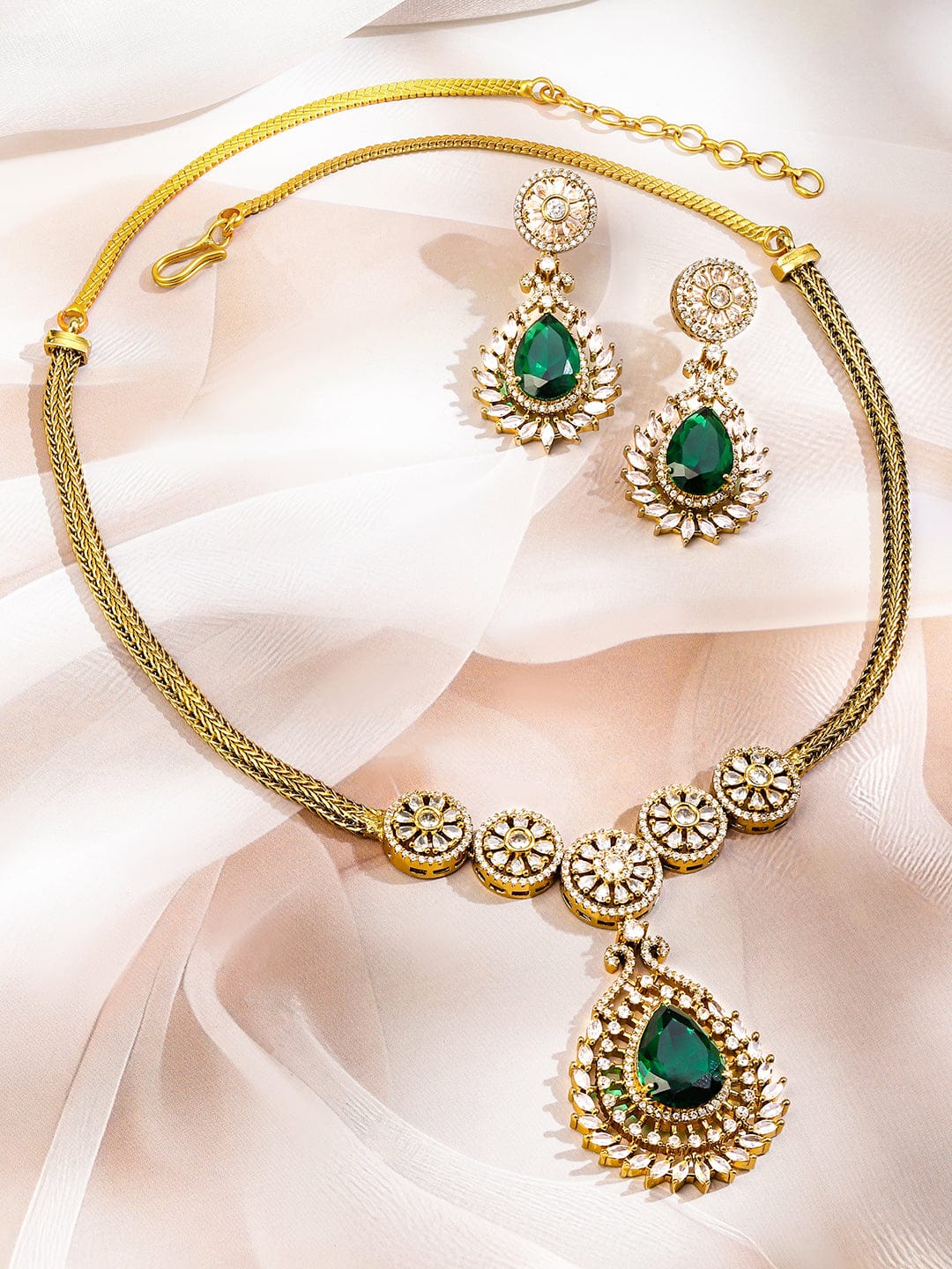 Rubans 22K Gold-Plated Emerald Green & White Cubic Zirconia Studded Floral Motif Necklace Set for Women Jewellery Set