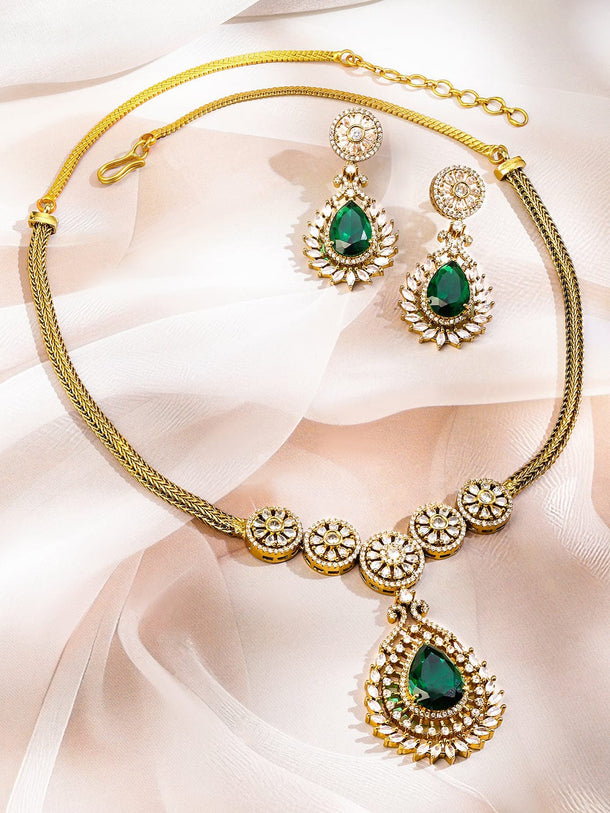 Rubans 22K Gold-Plated Emerald Green & White Cubic Zirconia Studded Floral Motif Necklace Set for Women Jewellery Set